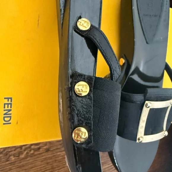FENDI Authentic Black Wooden Slide Sandals w/ Logo Canvas & Gold Buckle, size 37 - Picture 9 of 9